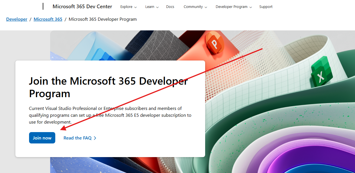 Join the Microsoft 365 Developer Program – sākuma ekrāns