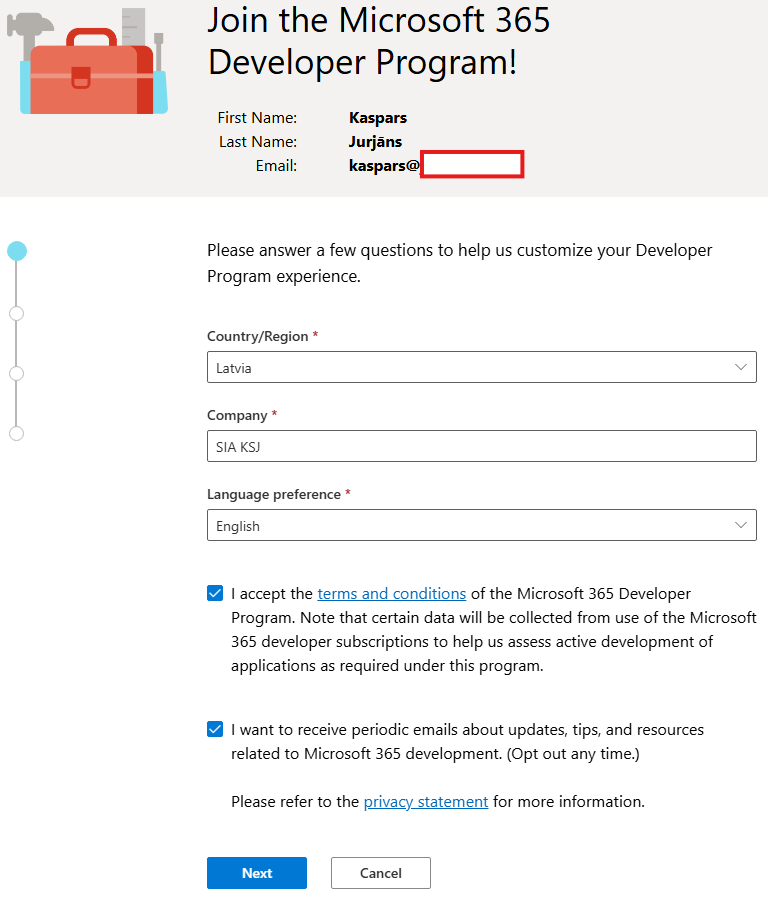 Microsoft 365 Developer Program – reģistrācijas forma