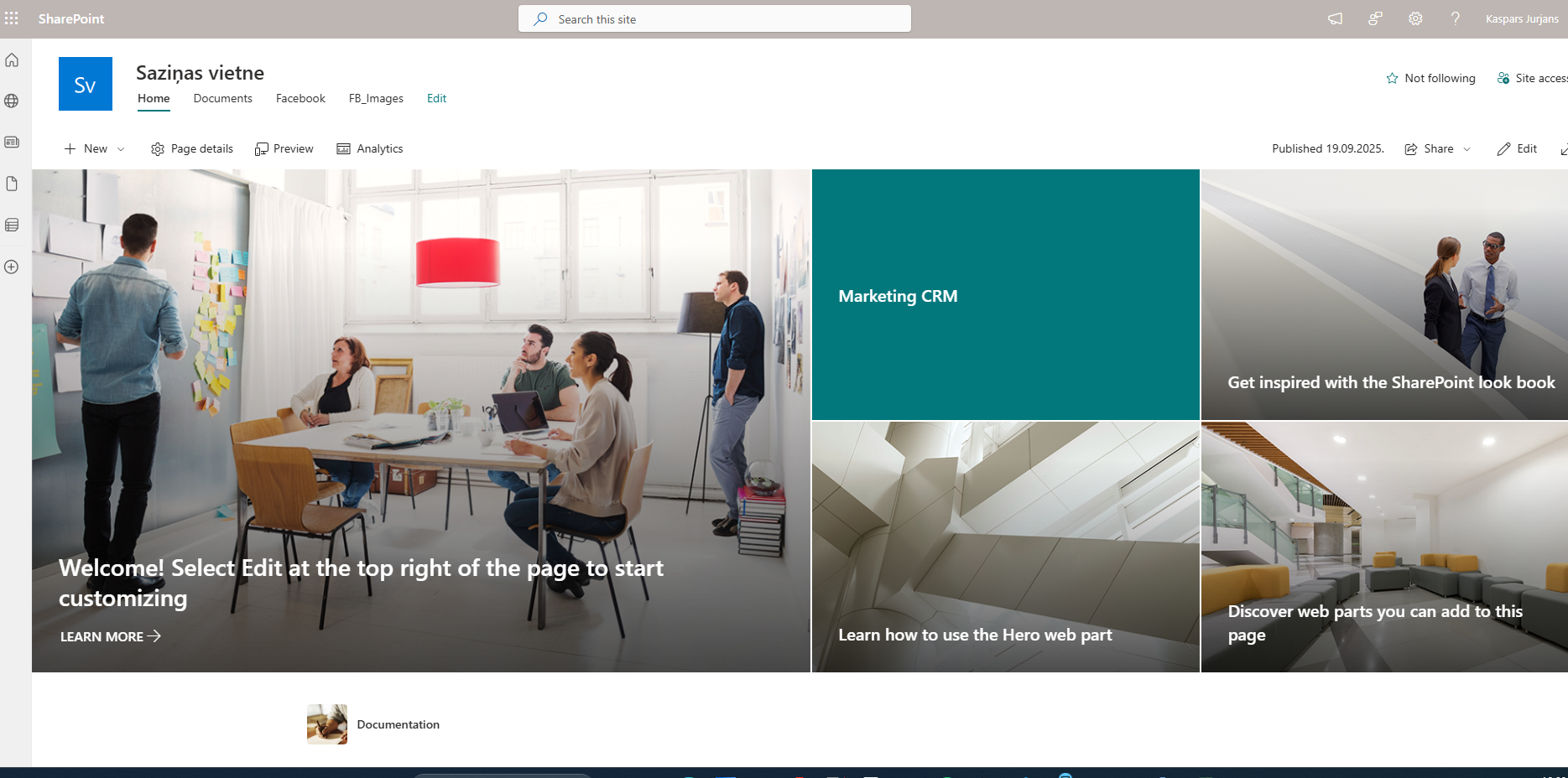 Noklusējuma SharePoint vietne, kas jau izveidota līdz ar tenantu