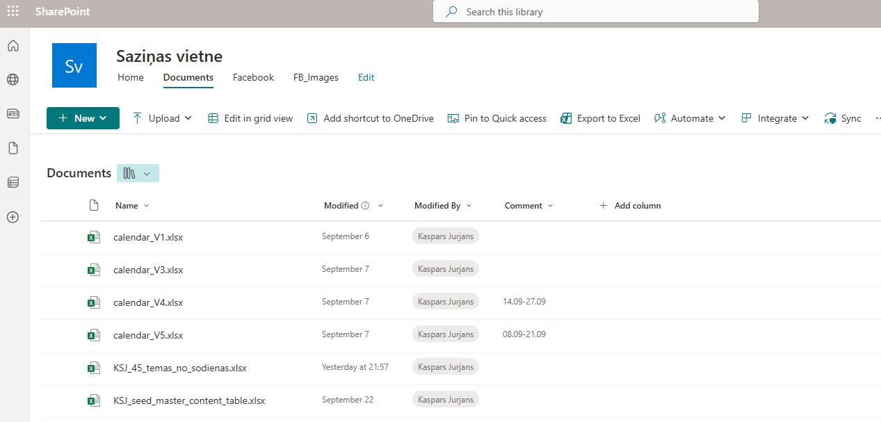SharePoint bibliotēka ar laukiem: Klients, Tips, Statuss, Summa, Datums un skatu “Apstiprināms”