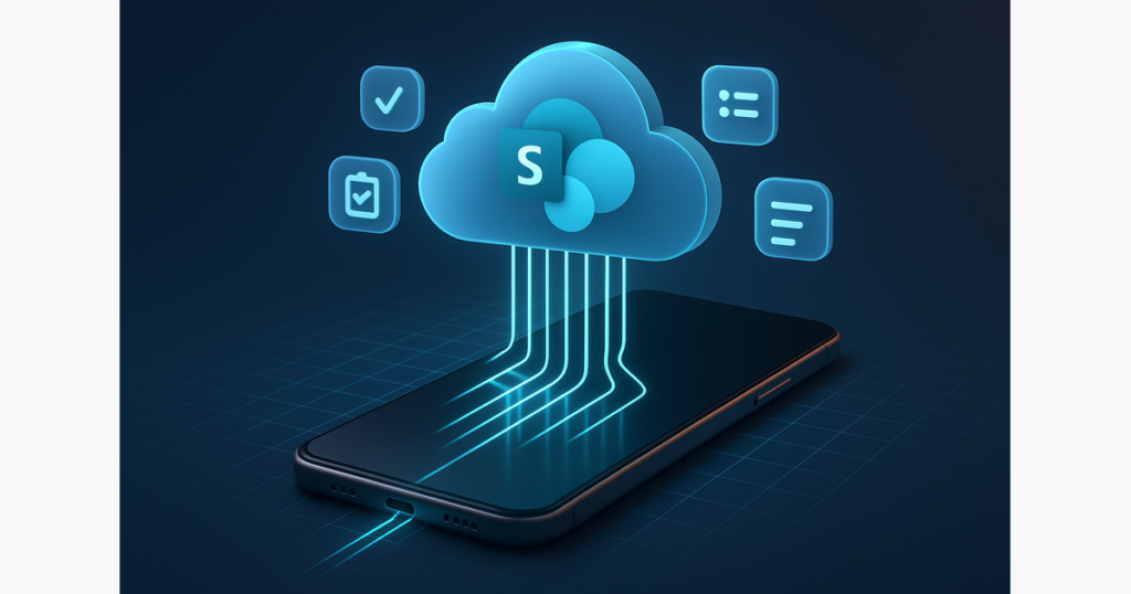 Power Apps forma rindu darba uzdevumiem — darbinieki aizpilda telefonā, dati nonāk SharePoint — datu sinhronizācija