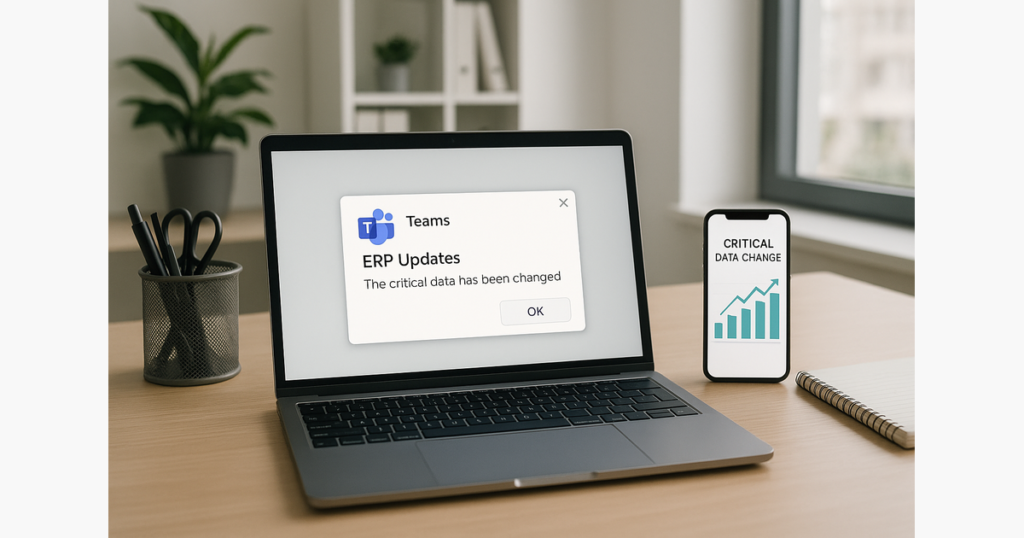 Teams paziņojumi par izmaiņām ERP datos — vadītāji redz kritiskas izmaiņas bez pieslēgšanās sistēmai — datu sinhronizāc…