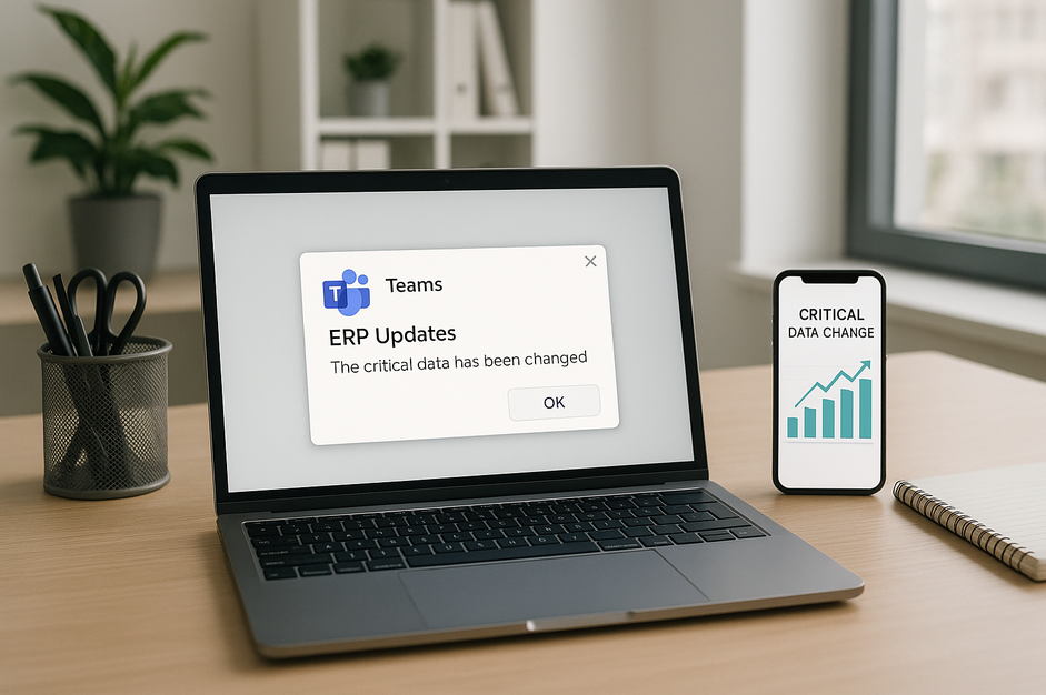 Teams paziņojumi par izmaiņām ERP datos — vadītāji redz kritiskas izmaiņas bez pieslēgšanās sistēmai — datu sinhronizāc… | KSJ Teams paziņojumi par izmaiņām ERP datos — vadītāji redz kritiskas izmaiņas bez pieslēgšanās sistēmai — datu sinhronizāc…