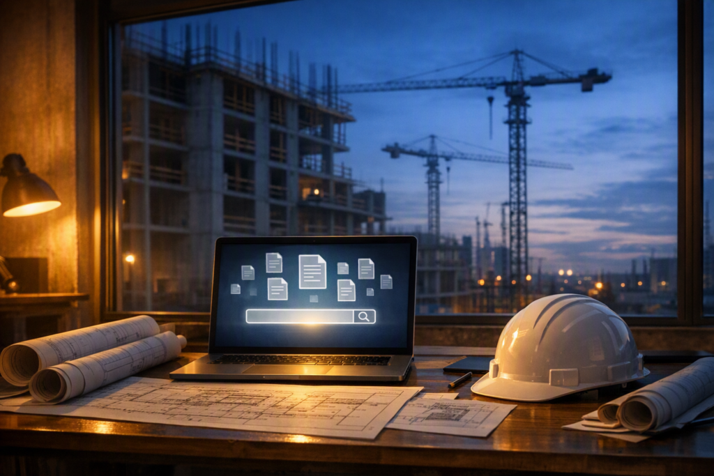 Laptop with an AI search interface in a construction site office, tower cranes outside | KSJ Laptop with an AI search interface in a construction site office, tower cranes outside