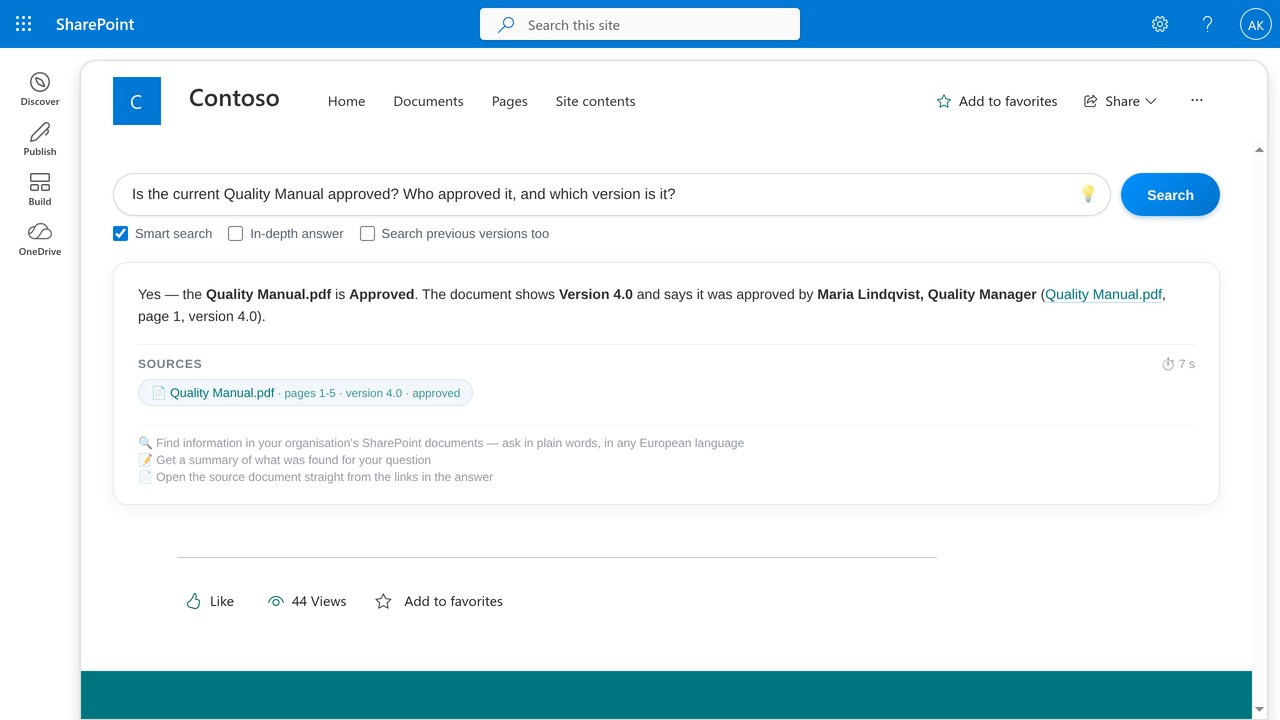 Answergrove answer in SharePoint that names the document, pages, SharePoint version 4.0 and approval status Approved
